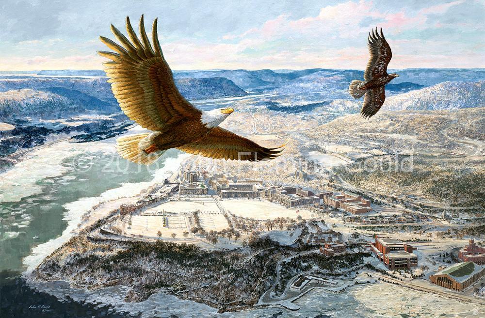 Eagles Over West Point by John F. Gould — an eagle soaring above the United States Military Academy