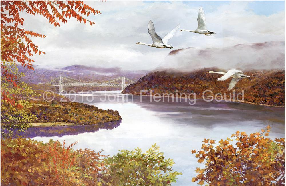 Mute Swans Over Bear Mountain Bridge by John F. Gould, 1985 — on display at the New York State Museum